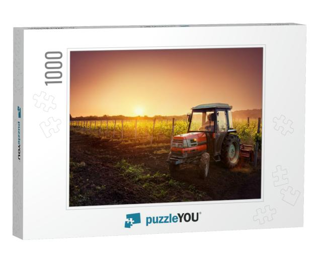 Vines on the Field & a Red Tractor At Sunset... Jigsaw Puzzle with 1000 pieces
