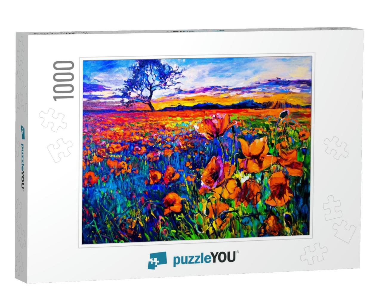 Original Oil Painting of Poppy Field in Front of Beautifu... Jigsaw Puzzle with 1000 pieces