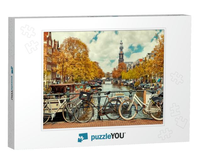 Bike Over Canal Amsterdam City. Picturesque Town Landscap... Jigsaw Puzzle