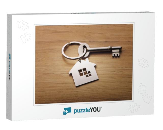 Home Shape Keychain on Wooden Background... Jigsaw Puzzle