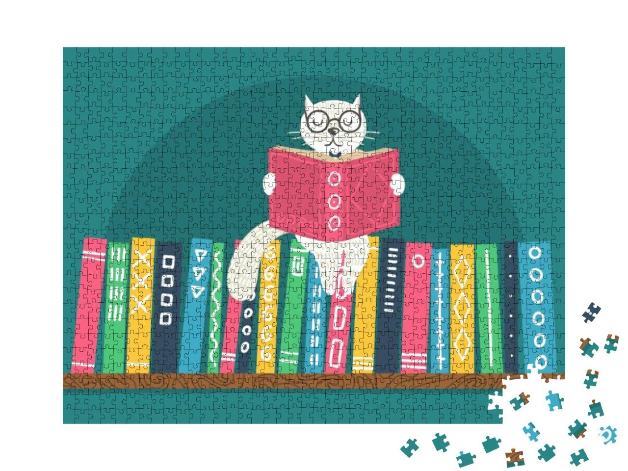 Bookshelf with Fantasy Clever White Cat Reading Book on T... Jigsaw Puzzle with 1000 pieces