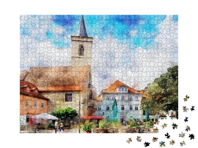 Watercolor Painting of Erfurt with Its Wenige Market Plac... Jigsaw Puzzle with 1000 pieces