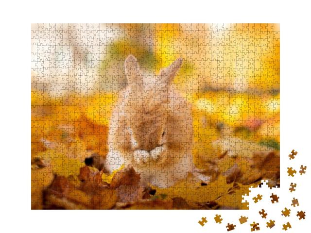Cute Decorative Rabbit in Autumn Leaves. Golden Autumn in... Jigsaw Puzzle with 1000 pieces