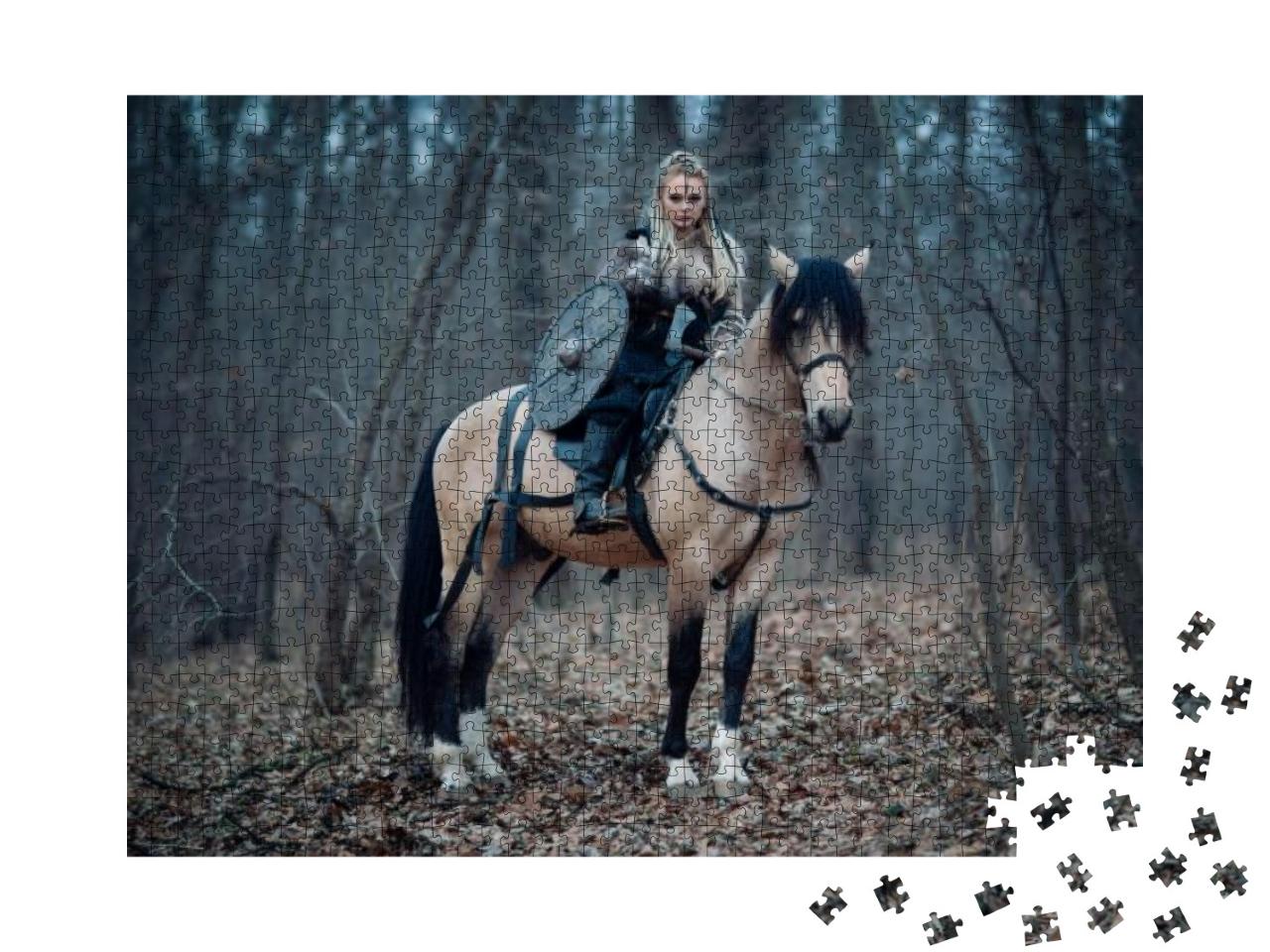 Viking Warrior Female Ridding a Horse At Twilight Autumn... Jigsaw Puzzle with 1000 pieces
