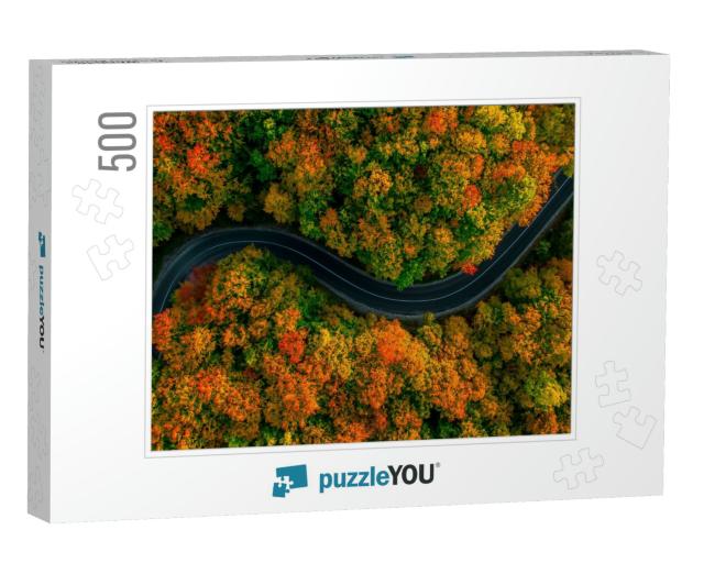 Aerial View of Thick Forest in Autumn with Road Cutting T... Jigsaw Puzzle with 500 pieces