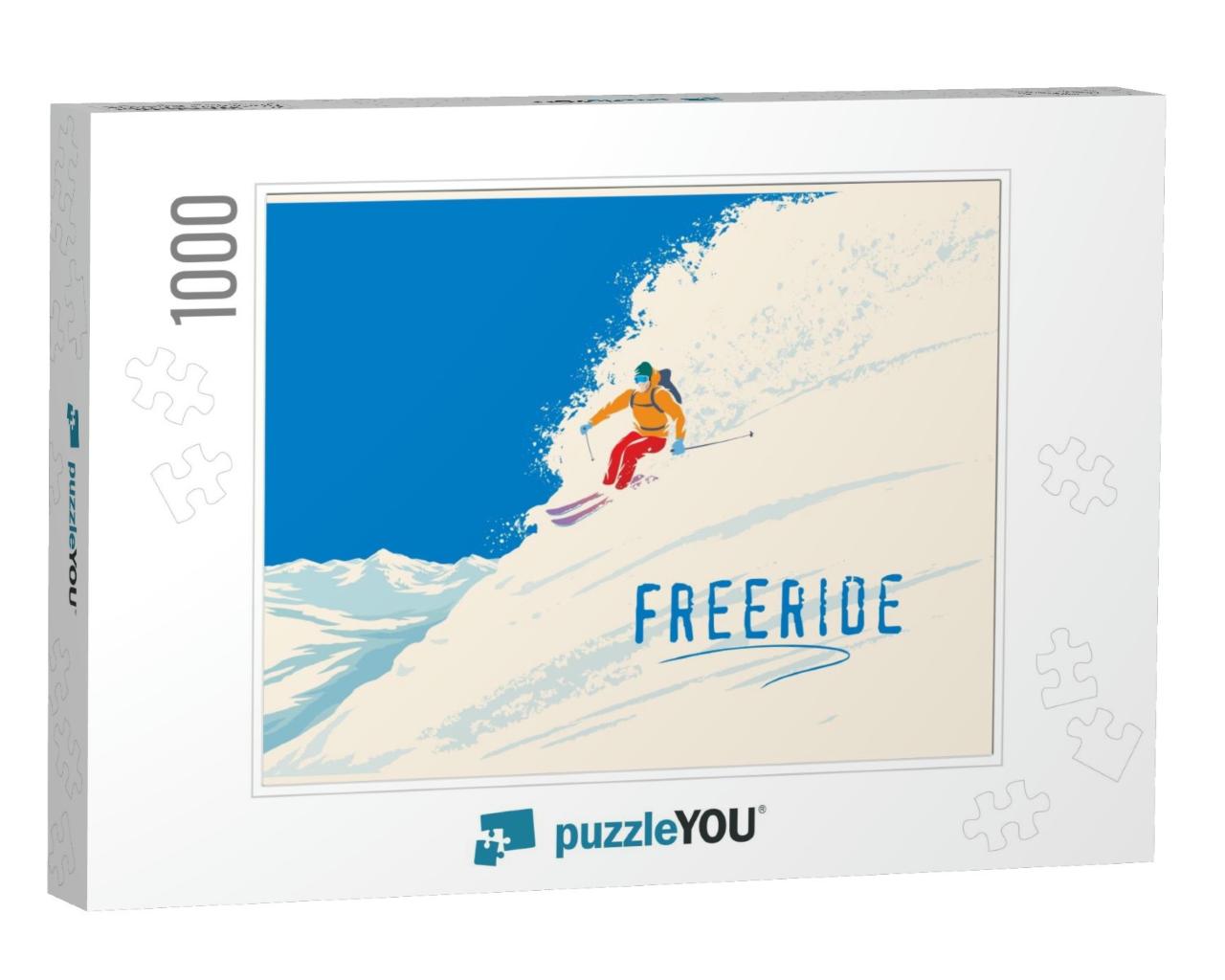 Skier Freerides Riding Down the Mountainside on Skis in M... Jigsaw Puzzle with 1000 pieces