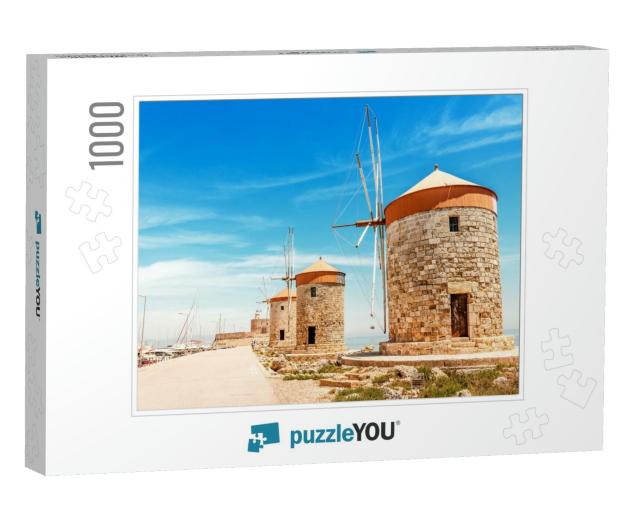 Windmills in the Mandraki Port of Rhodes, Greece... Jigsaw Puzzle with 1000 pieces