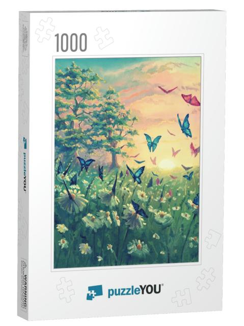 Oil Painting Sunset Landscape on Canvas with Butterflies... Jigsaw Puzzle with 1000 pieces