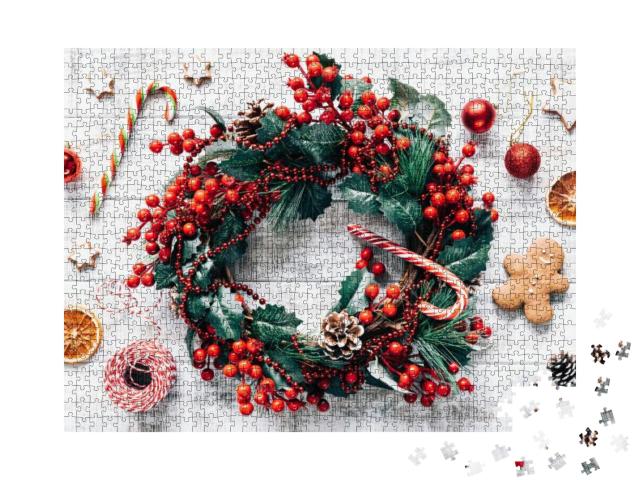 Christmas Winter Wreath, Candy Canes, Christmas Tree Deco... Jigsaw Puzzle with 1000 pieces