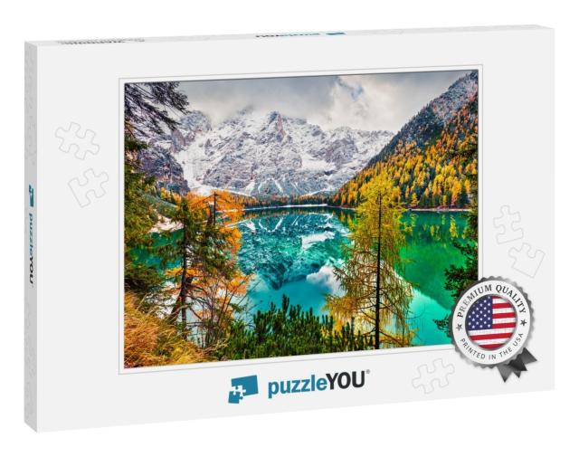 First Snow on Braies Lake. Colorful Autumn Landscape in I... Jigsaw Puzzle