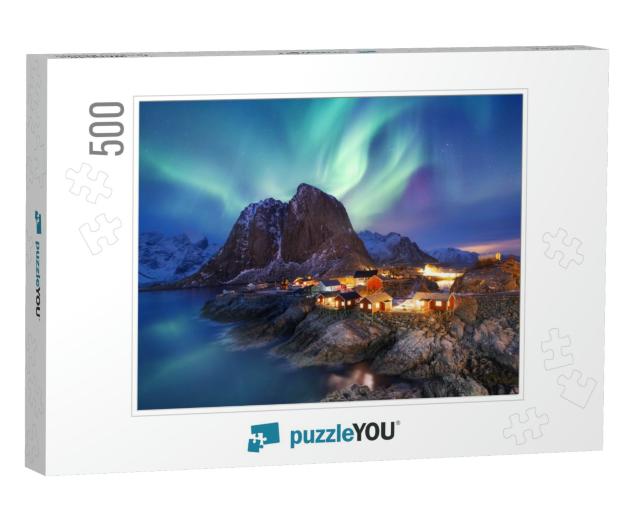 Aurora Borealis on the Lofoten Islands, Norway. Green Nor... Jigsaw Puzzle with 500 pieces