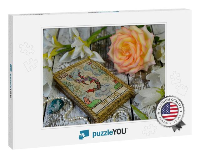 Tarot Cards & Flowers on Witch Wooden Altar... Jigsaw Puzzle