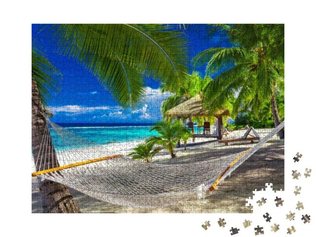 Hammock Between Palm Trees on a Vibrant Tropical Beach of... Jigsaw Puzzle with 1000 pieces