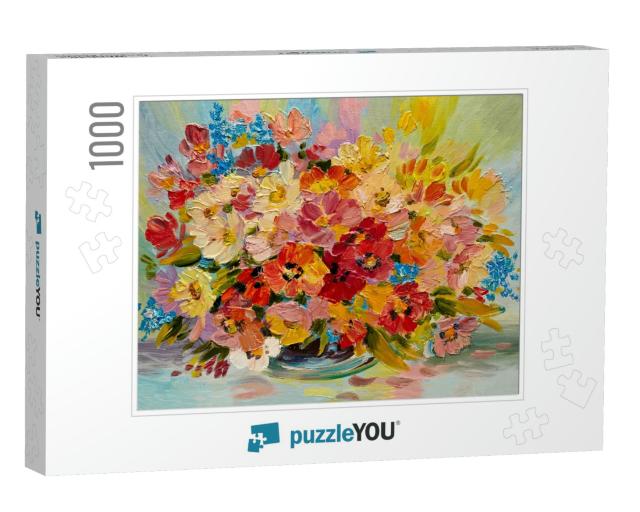 Oil Painting - Colorful Bouquet of Summer Flowers on an A... Jigsaw Puzzle with 1000 pieces
