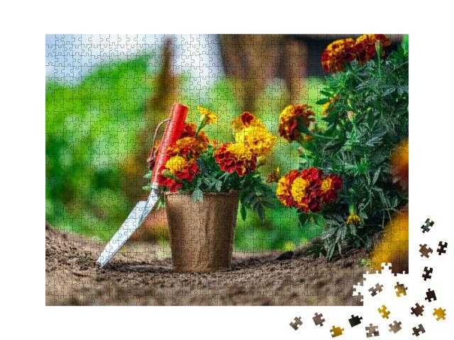 Shovel & Pot with Marigold Flowers for Planting in Home G... Jigsaw Puzzle with 1000 pieces