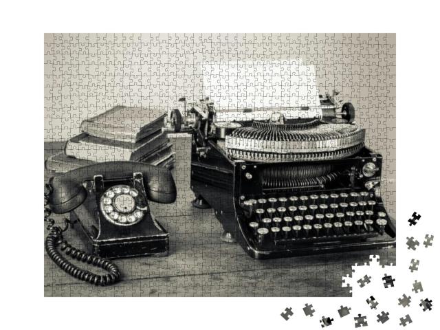 Vintage Typewriter, Telephone, Old Books on Table Desatur... Jigsaw Puzzle with 1000 pieces