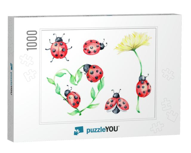 Big Ladybug Set, Green & Yellow Flowers Watercolor... Jigsaw Puzzle with 1000 pieces