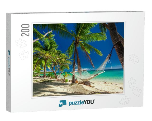 Empty Hammock in the Shade of Palm Trees on Tropical Fiji... Jigsaw Puzzle with 200 pieces
