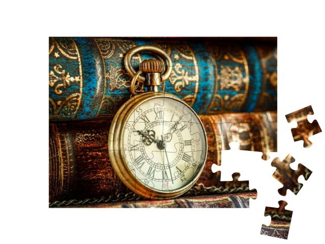 Vintage Antique Pocket Watch on the Background of Old Boo... Jigsaw Puzzle with 48 pieces