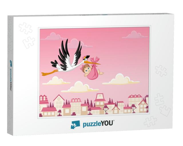 Cartoon Stork Delivering a Newborn Baby Girl... Jigsaw Puzzle