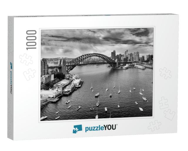 Black White Image of Sydney City Cbd Landmarks Across Har... Jigsaw Puzzle with 1000 pieces