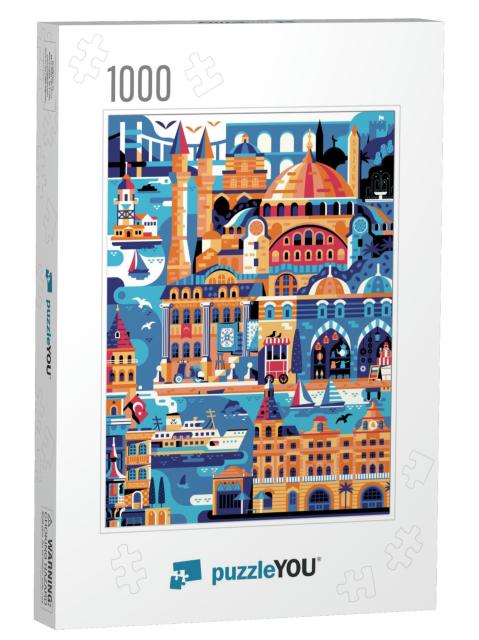 Summer Istanbul Travel Poster with Landmarks Including Ha... Jigsaw Puzzle with 1000 pieces