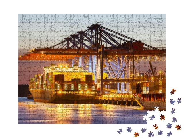 Docked Container Ship in Harbor At Dusk... Jigsaw Puzzle with 1000 pieces