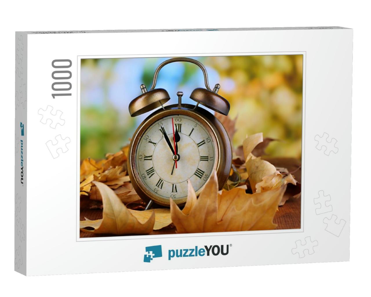 Old Clock on Autumn Leaves on Wooden Table on Natural Bac... Jigsaw Puzzle with 1000 pieces