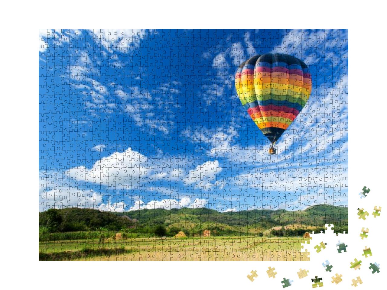 Hot Air Balloon Over the Field with Blue Sky... Jigsaw Puzzle with 1000 pieces