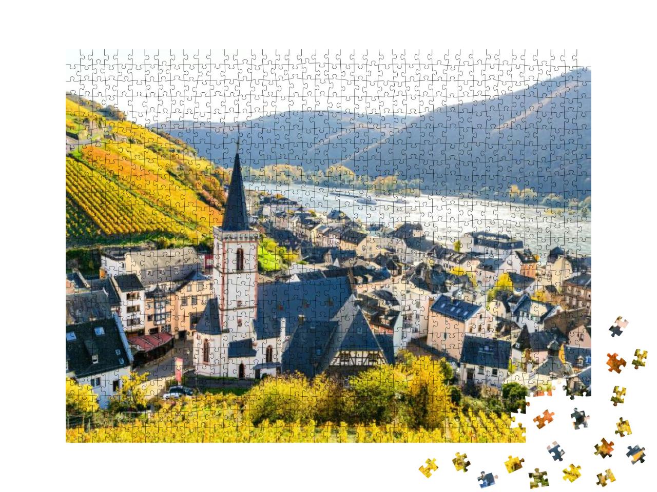 Church, Houses & Vineyards in Assmanshausen in Colorful Y... Jigsaw Puzzle with 1000 pieces