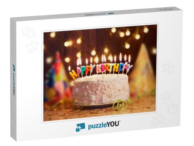 Birthday Cake with Candles, Bright Lights Bokeh... Jigsaw Puzzle