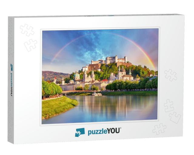 Austria, Rainbow Over Salzburg Castle... Jigsaw Puzzle