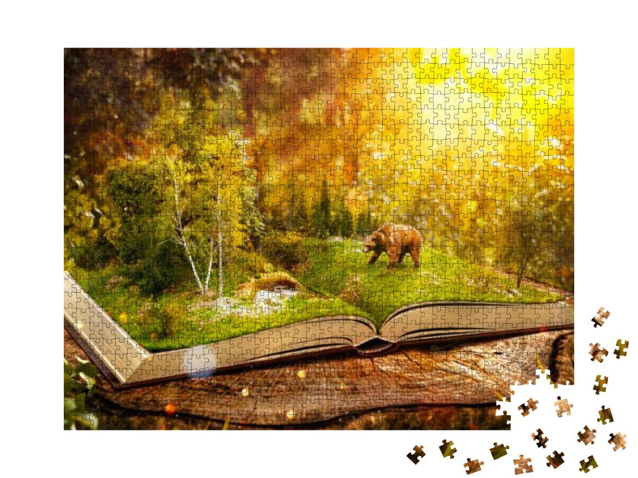 Opened Book with Wild Forest & Bear on Pages. Endangered-... Jigsaw Puzzle with 1000 pieces