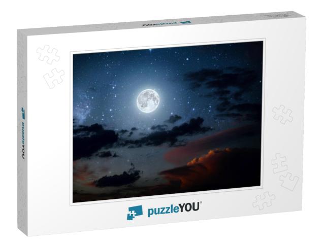 Backgrounds Night Sky with Stars & Moon & Clouds. Wood. E... Jigsaw Puzzle