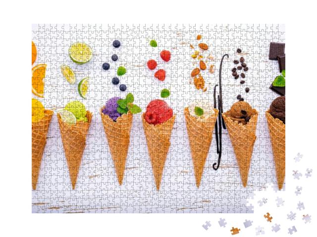 Various of Ice Cream Flavor in Cones Blueberry, Lime, Pis... Jigsaw Puzzle with 1000 pieces