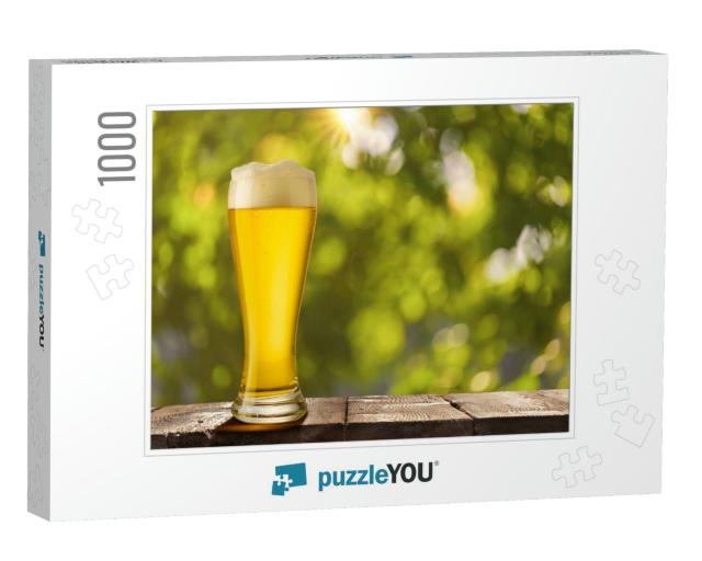 Pint of Foamy Beer in Sunlight Rays on Rustic Wooden Tabl... Jigsaw Puzzle with 1000 pieces