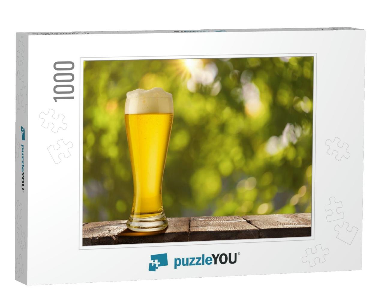 Pint of Foamy Beer in Sunlight Rays on Rustic Wooden Tabl... Jigsaw Puzzle with 1000 pieces