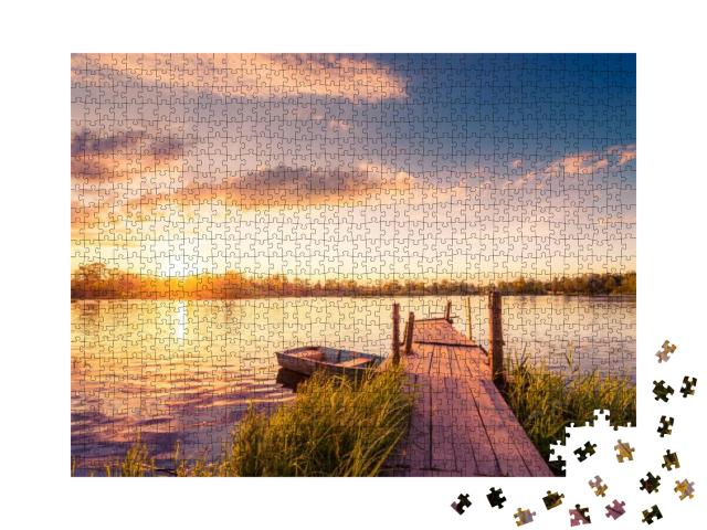 Sunset Over the Lake in the Village. View from a Wooden B... Jigsaw Puzzle with 1000 pieces