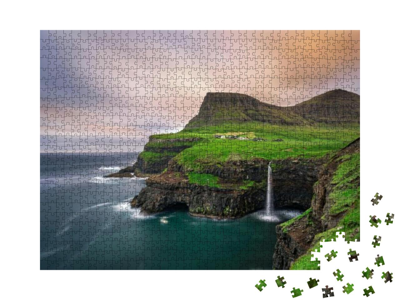 Gasadalur Village & Its Iconic Waterfall, Vagar, Faroe Is... Jigsaw Puzzle with 1000 pieces