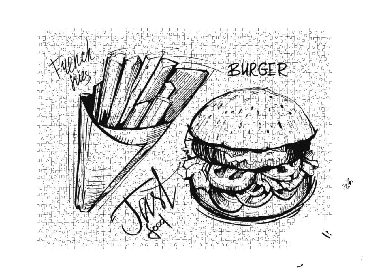 French Fries & Burger. Hand Drawn Sketch Converted to Vec... Jigsaw Puzzle with 1000 pieces
