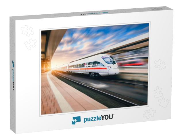 White Modern High Speed Train in Motion on Railway Statio... Jigsaw Puzzle