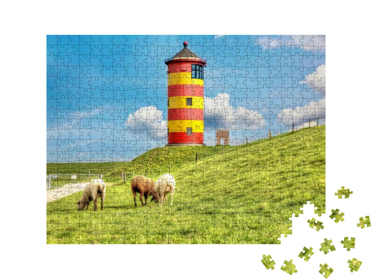 Sheep in Front of the Pilsum Lighthouse on the North Sea... Jigsaw Puzzle with 500 pieces