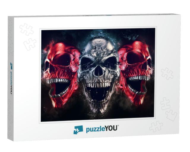 Screaming Metal Demon Skulls - Neo Thrash Style - 3D Illu... Jigsaw Puzzle
