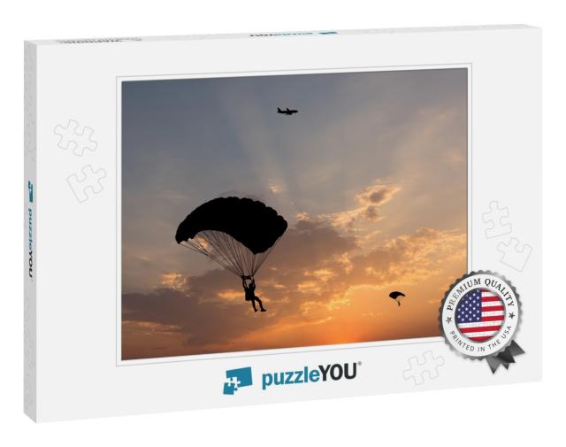 Silhouette of Parachute & Airplane on Sunset Background... Jigsaw Puzzle
