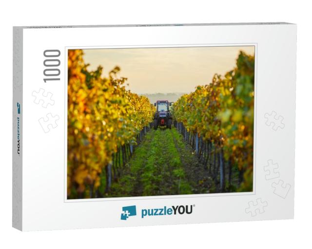 Autumn Rows of Vineyards with Tractor... Jigsaw Puzzle with 1000 pieces