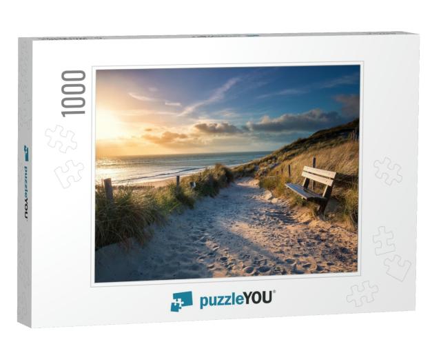 Evening Sunshine Over Bench & Path to Sea Beach, Holland... Jigsaw Puzzle with 1000 pieces