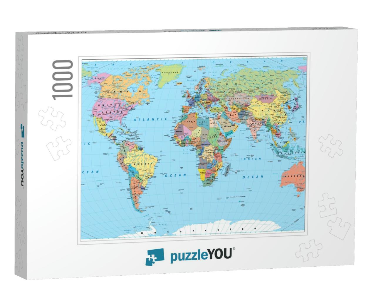Colored World Map - Borders, Countries, Roads & Cities. D... Jigsaw Puzzle with 1000 pieces