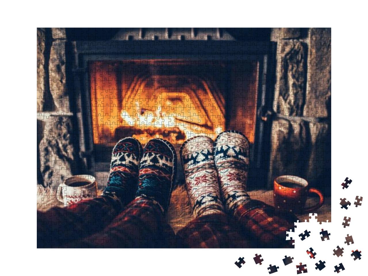 Feet in Woolen Socks by the Christmas Fireplace. Couple S... Jigsaw Puzzle with 1000 pieces