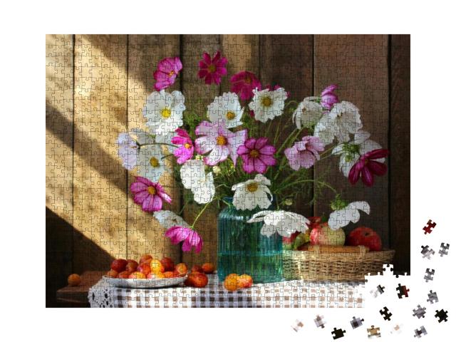 Sunny Still Life with Garden Flowers & Fruits. Bouquet in... Jigsaw Puzzle with 1000 pieces