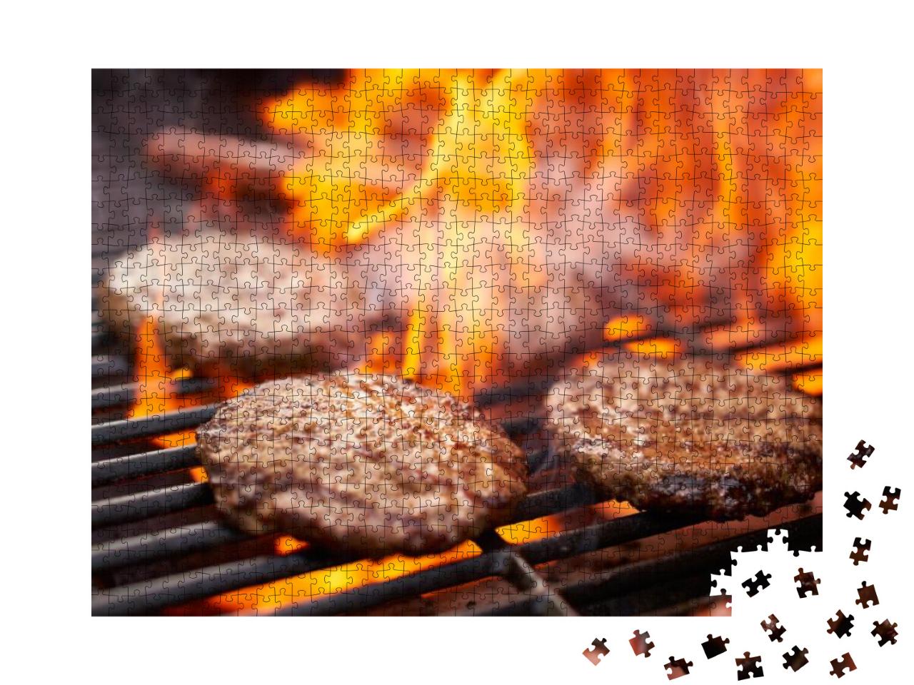 hamburgers and hot dogs cooking on grill with flam Jigsaw Puzzle with 1000 pieces